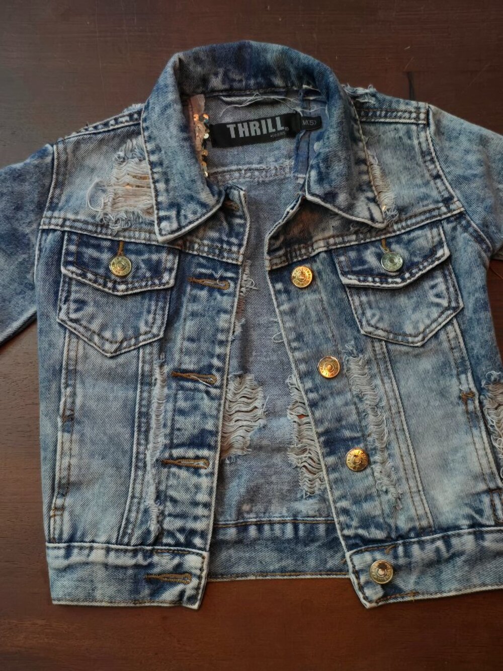 Girls Size 5 (Medium) Thrill Jeans Distressed Sequined Denim Jacket Acid Washed